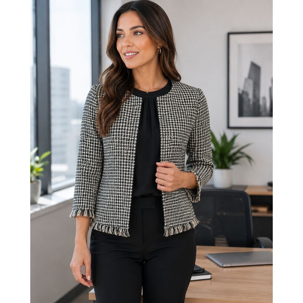 NWT Monroe & Main Tweed Jacket 3/4 Sleeve Fringe Open Front Career Blazer Sz 14